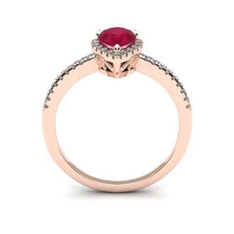 1 Carat Pear Shape Ruby and Halo Diamond Ring In 14 Karat Rose Gold