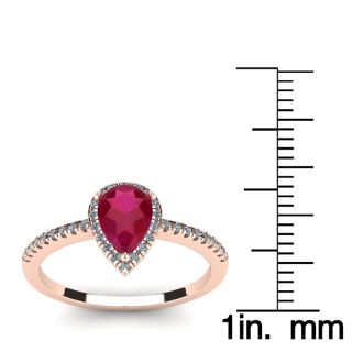 1 Carat Pear Shape Ruby and Halo Diamond Ring In 14 Karat Rose Gold