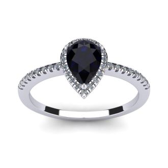1 Carat Pear Shape Sapphire and Halo Diamond Ring In 14 Karat White Gold