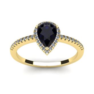 1 Carat Pear Shape Sapphire and Halo Diamond Ring In 14 Karat Yellow Gold