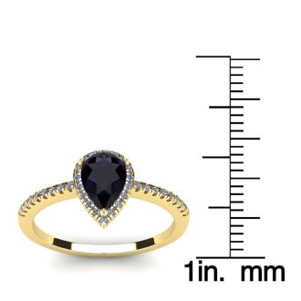 1 Carat Pear Shape Sapphire and Halo Diamond Ring In 14 Karat Yellow Gold