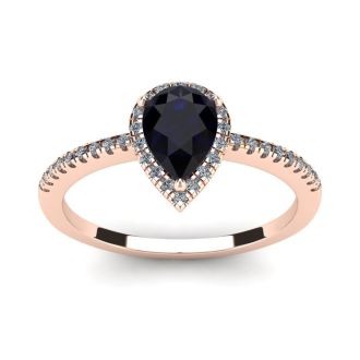 1 Carat Pear Shape Sapphire and Halo Diamond Ring In 14 Karat Rose Gold