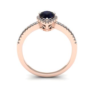 1 Carat Pear Shape Sapphire and Halo Diamond Ring In 14 Karat Rose Gold