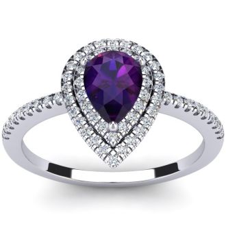 1 Carat Pear Shape Amethyst and Double Halo Diamond Ring In 14 Karat White Gold