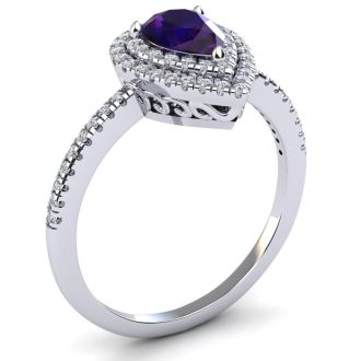 1 Carat Pear Shape Amethyst and Double Halo Diamond Ring In 14 Karat White Gold