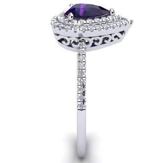 1 Carat Pear Shape Amethyst and Double Halo Diamond Ring In 14 Karat White Gold
