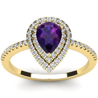 1 Carat Pear Shape Amethyst and Double Halo Diamond Ring In 14 Karat Yellow Gold