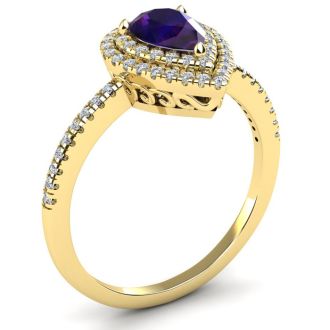 1 Carat Pear Shape Amethyst and Double Halo Diamond Ring In 14 Karat Yellow Gold