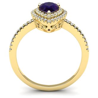 1 Carat Pear Shape Amethyst and Double Halo Diamond Ring In 14 Karat Yellow Gold