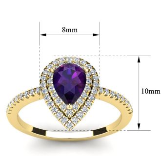 1 Carat Pear Shape Amethyst and Double Halo Diamond Ring In 14 Karat Yellow Gold