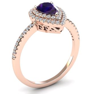 1 Carat Pear Shape Amethyst and Double Halo Diamond Ring In 14 Karat Rose Gold