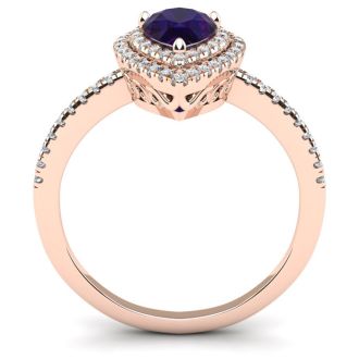 1 Carat Pear Shape Amethyst and Double Halo Diamond Ring In 14 Karat Rose Gold