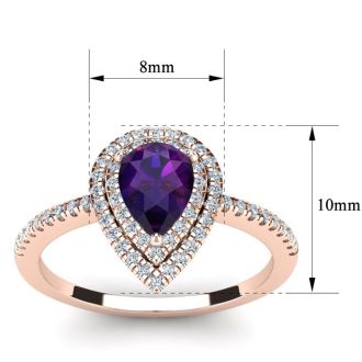 1 Carat Pear Shape Amethyst and Double Halo Diamond Ring In 14 Karat Rose Gold