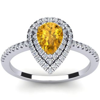 1 Carat Pear Shape Citrine and Double Halo Diamond Ring In 14 Karat White Gold