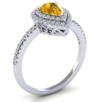 1 Carat Pear Shape Citrine and Double Halo Diamond Ring In 14 Karat White Gold