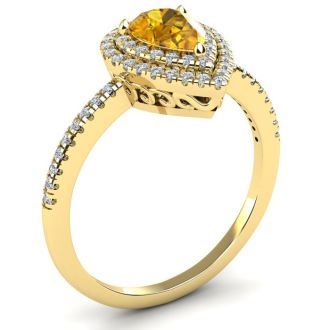 1 Carat Pear Shape Citrine and Double Halo Diamond Ring In 14 Karat Yellow Gold