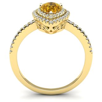 1 Carat Pear Shape Citrine and Double Halo Diamond Ring In 14 Karat Yellow Gold