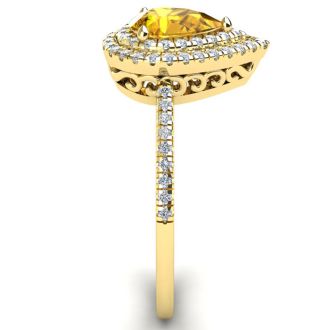 1 Carat Pear Shape Citrine and Double Halo Diamond Ring In 14 Karat Yellow Gold