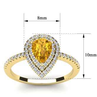 1 Carat Pear Shape Citrine and Double Halo Diamond Ring In 14 Karat Yellow Gold