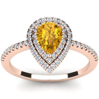 1 Carat Pear Shape Citrine and Double Halo Diamond Ring In 14 Karat Rose Gold