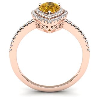 1 Carat Pear Shape Citrine and Double Halo Diamond Ring In 14 Karat Rose Gold