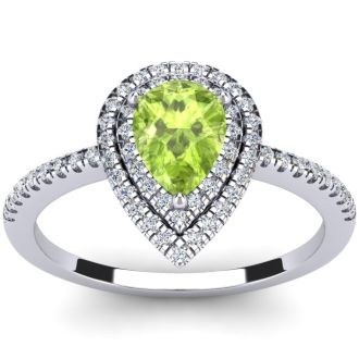 1 Carat Pear Shape Peridot and Double Halo Diamond Ring In 14 Karat White Gold