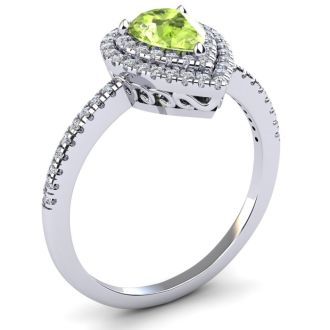 1 Carat Pear Shape Peridot and Double Halo Diamond Ring In 14 Karat White Gold