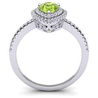 1 Carat Pear Shape Peridot and Double Halo Diamond Ring In 14 Karat White Gold