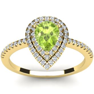 1 Carat Pear Shape Peridot and Double Halo Diamond Ring In 14 Karat Yellow Gold