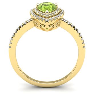 1 Carat Pear Shape Peridot and Double Halo Diamond Ring In 14 Karat Yellow Gold