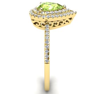 1 Carat Pear Shape Peridot and Double Halo Diamond Ring In 14 Karat Yellow Gold