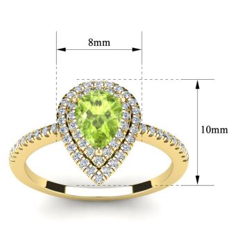 1 Carat Pear Shape Peridot and Double Halo Diamond Ring In 14 Karat Yellow Gold