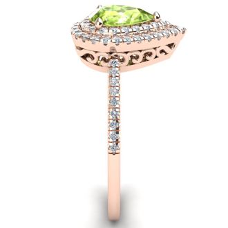 1 Carat Pear Shape Peridot and Double Halo Diamond Ring In 14 Karat Rose Gold