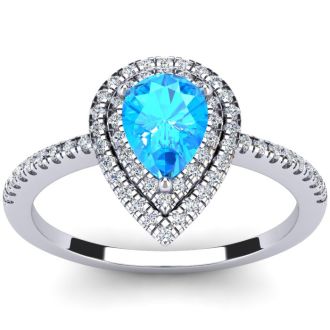 1 1/5 Carat Pear Shape Blue Topaz and Double Halo Diamond Ring In 14 Karat White Gold