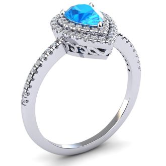 1 1/5 Carat Pear Shape Blue Topaz and Double Halo Diamond Ring In 14 Karat White Gold