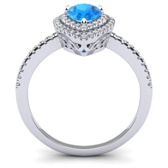 1 1/5 Carat Pear Shape Blue Topaz and Double Halo Diamond Ring In 14 Karat White Gold