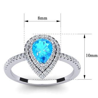 1 1/5 Carat Pear Shape Blue Topaz and Double Halo Diamond Ring In 14 Karat White Gold