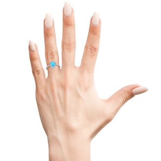 1 1/5 Carat Pear Shape Blue Topaz and Double Halo Diamond Ring In 14 Karat White Gold