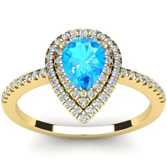 1 1/5 Carat Pear Shape Blue Topaz and Double Halo Diamond Ring In 14 Karat Yellow Gold