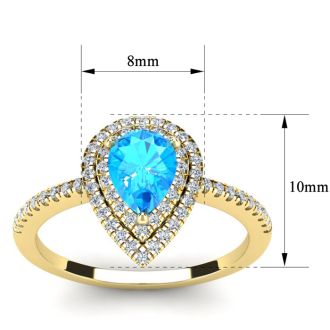 1 1/5 Carat Pear Shape Blue Topaz and Double Halo Diamond Ring In 14 Karat Yellow Gold