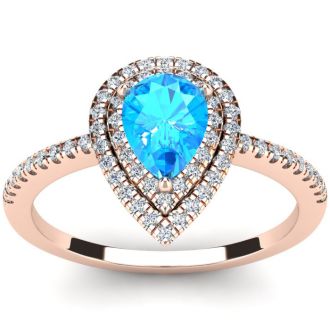 1 1/5 Carat Pear Shape Blue Topaz and Double Halo Diamond Ring In 14 Karat Rose Gold