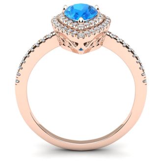 1 1/5 Carat Pear Shape Blue Topaz and Double Halo Diamond Ring In 14 Karat Rose Gold
