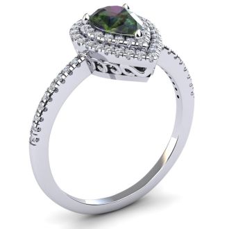 1-1/5 Carat Pear Shape Mystic Topaz Ring With Double Diamond Halo In 14 Karat White Gold