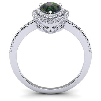 1-1/5 Carat Pear Shape Mystic Topaz Ring With Double Diamond Halo In 14 Karat White Gold