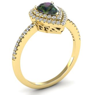 1-1/5 Carat Pear Shape Mystic Topaz Ring With Double Diamond Halo In 14 Karat Yellow Gold