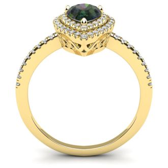 1-1/5 Carat Pear Shape Mystic Topaz Ring With Double Diamond Halo In 14 Karat Yellow Gold