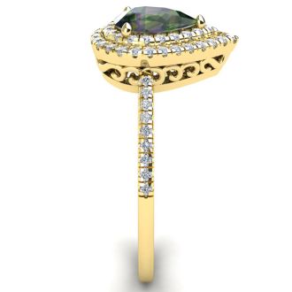 1-1/5 Carat Pear Shape Mystic Topaz Ring With Double Diamond Halo In 14 Karat Yellow Gold