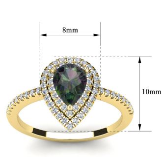 1 1/5 Carat Pear Shape Mystic Topaz and Double Halo Diamond Ring In 14 Karat Yellow Gold