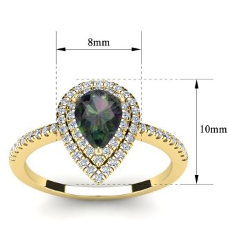 1-1/5 Carat Pear Shape Mystic Topaz Ring With Double Diamond Halo In 14 Karat Yellow Gold