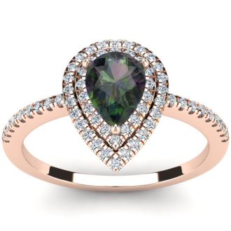 1-1/5 Carat Pear Shape Mystic Topaz Ring With Double Diamond Halo In 14 Karat Rose Gold